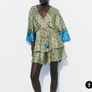 Zara Printed Satin Effect Dress With Bell Sleeves
